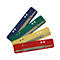 Four colored binder strips: blue, green, yellow and red. Each binder strip has a metal tongue for filing.