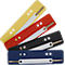 Four colored file folder spines, yellow, red, black and blue, arranged overlapping.