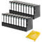 An arrangement of black ring binders with white labels, next to a stack of yellow paper sheets.