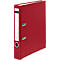 A red binder stands slightly inclined. It has a white spine with lettering, a metal lever and a hole.