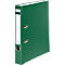 Green binder slightly open. A white label with a blue stripe and writing on the spine.