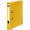 Yellow file folder with white spine label, black hole on the left, silver metal clasps.