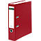 Red binder with white label field and lettering. The binder is slightly open.