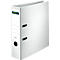 White binder with black handle and label.