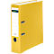 Yellow file folder with label field, metal brackets and round hole.