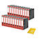 Red file folders with white labels are neatly arranged. Next to them is a stack of yellow paper.