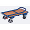 Blue transport cart with wooden plate and handle. Four wheels with brakes.
