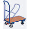 Blue and gray cart with wooden platform and foldable handle, four wheels.