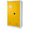 Gelb-weißes Stahlschränkchen mit Doppeltüren, rundem Warnsymbol und schwarzem Griff.