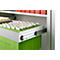 Pulled out drawer with hanging files; green files, white tabs.