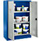 Open blue cabinet with shelves filled with paint buckets, containers and spray cans. The door is gray and has a yellow sticker.