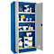 Blue cabinet, open, showing paint buckets, cans and accessories.