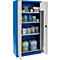 Blue and gray cabinet with open doors filled with various chemical containers. Stickers indicate hazardous substances.