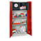 Open red steel cabinet with various chemicals and hazard symbols.