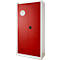 Red cabinet with two doors and a no-smoking symbol. White frame, black handle.