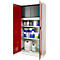 Red, open cabinet filled with containers, cans and bottles of various sizes.