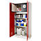 Open red and white safety cabinet with chemicals and containers.