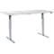 Height-adjustable white desk against a neutral background. Gray-silver legs.