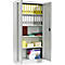 An open, gray filing cabinet with files and office supplies. The door is open, revealing yellow and white binders.