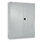 Grey steel cabinet with two doors and black handle, isolated.