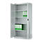 Grey filing cabinet with open doors. Green folders stand on the shelves. Metal cabinet against a white background.