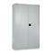 Gray metal cabinet with two doors, a black handle, and a neutral background.
