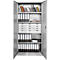 Gray file cabinet with open doors. Folders, books, pads, and drawers are visible.