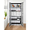 Open gray file cabinet with folders, drawers and books. On light wooden floor.