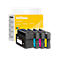Ink cartridges with black housing and colored recesses, in front of a yellow packaging.
