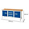 Werkbank met blauwe deuren en laden, houten blad. Afmetingen: 2000 mm x 700 mm x 840 mm.