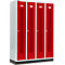 Four red lockers, each with a ventilation grid and a rectangular name plate.