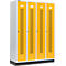 Yellow locker doors with perforation and silver frames. The lockers stand on a black base.