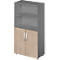Cabinet with gray and light brown wooden doors, two shelves and silver handles.