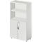 White cabinet with two doors at the bottom and two shelves at the top. Metal handles and feet.