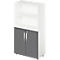 Tall white and grey cabinet, open shelves, grey doors.