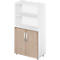 White shelf with two shelves and two wood-look doors at the bottom, silver handles.
