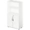 White office cabinet with two doors at the bottom and shelves at the top. Silver handles and legs.