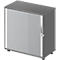 Grey cabinet with a ribbed front door, handle, and feet. The cabinet stands on four small feet.