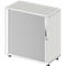 White cabinet with grooved sliding doors. Chrome handle. Stands on four black feet.