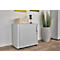 Grey cabinet with ribbed front and decor on top. To the right, a tall vase with ornamental grass.