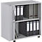 Grey filing cabinet with open door. Filled with file folders and books. Small, black base.