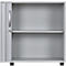 Grey filing cabinet with one door, handle and lock. Inside are two shelves.