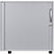 Grey cabinet with ribbed door, silver handle and cylinder lock, on black feet.