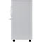 Grey cabinet, side view. With door handle and two black feet.