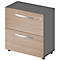 A two-drawer filing cabinet, wood look, gray sides, silver handles, with lock.