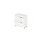 White bedside table with two drawers and silver handles, against a white background.