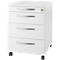 White, rolling filing cabinet with three drawers, metal handles and a small lock.