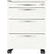 White file cabinet with four drawers, silver handles, and wheels.