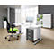 Office with modern desk, office chair with green seat, and white cabinets.