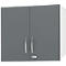 Gray kitchen cabinet with two doors and silver handles. The cabinet is white on the side.